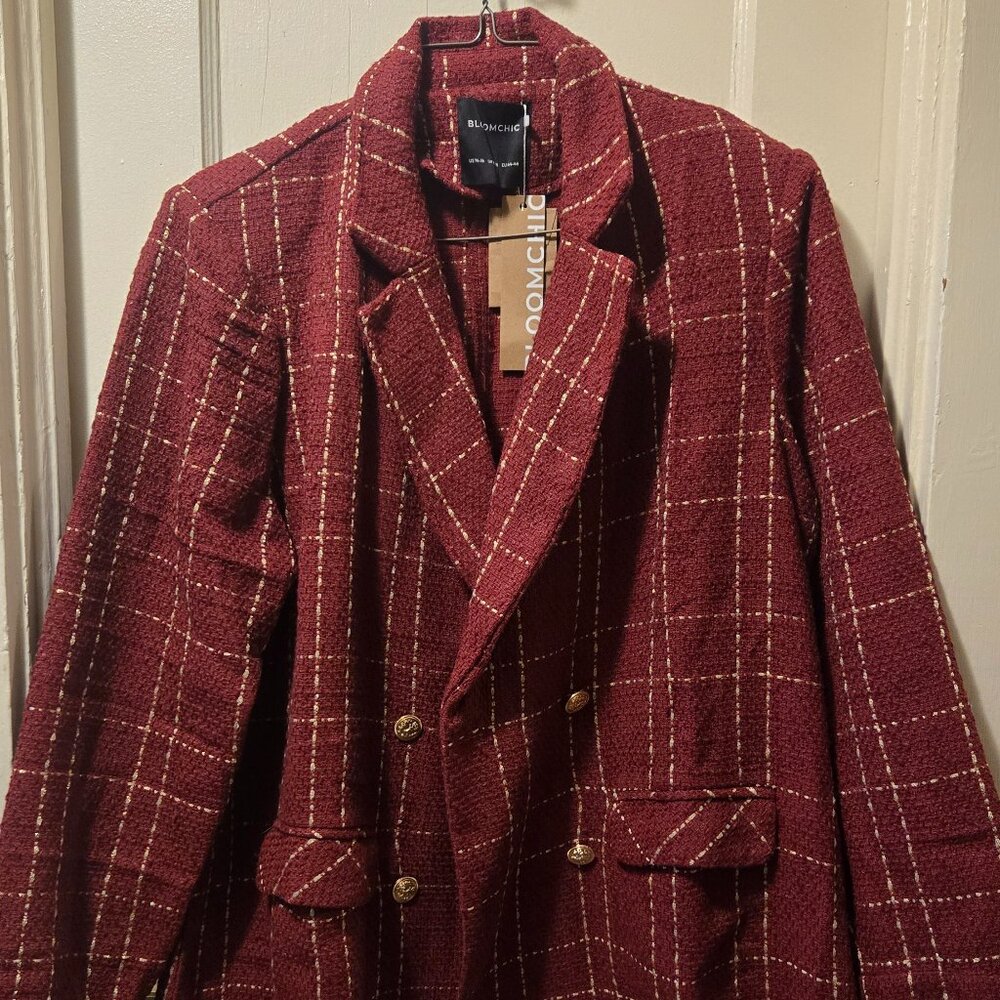 BloomChic Wine Plaid Double-Breasted Blazer with Gold Buttons